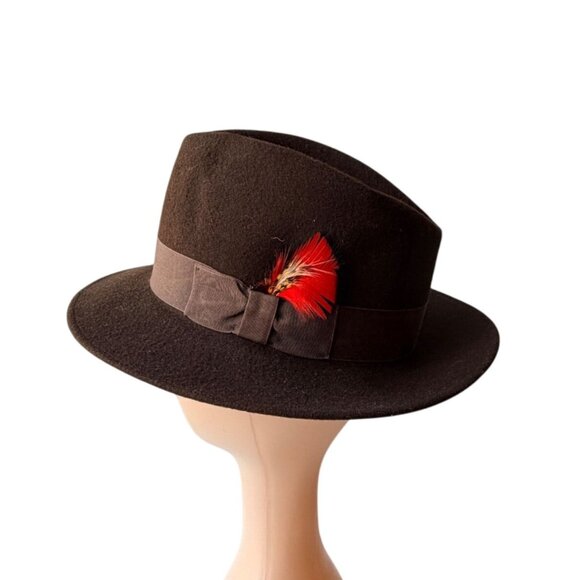 Vintage 1950s Style Mens Micro Felt Brown Wool Fedora Red Feather Accent - Picture 1 of 8